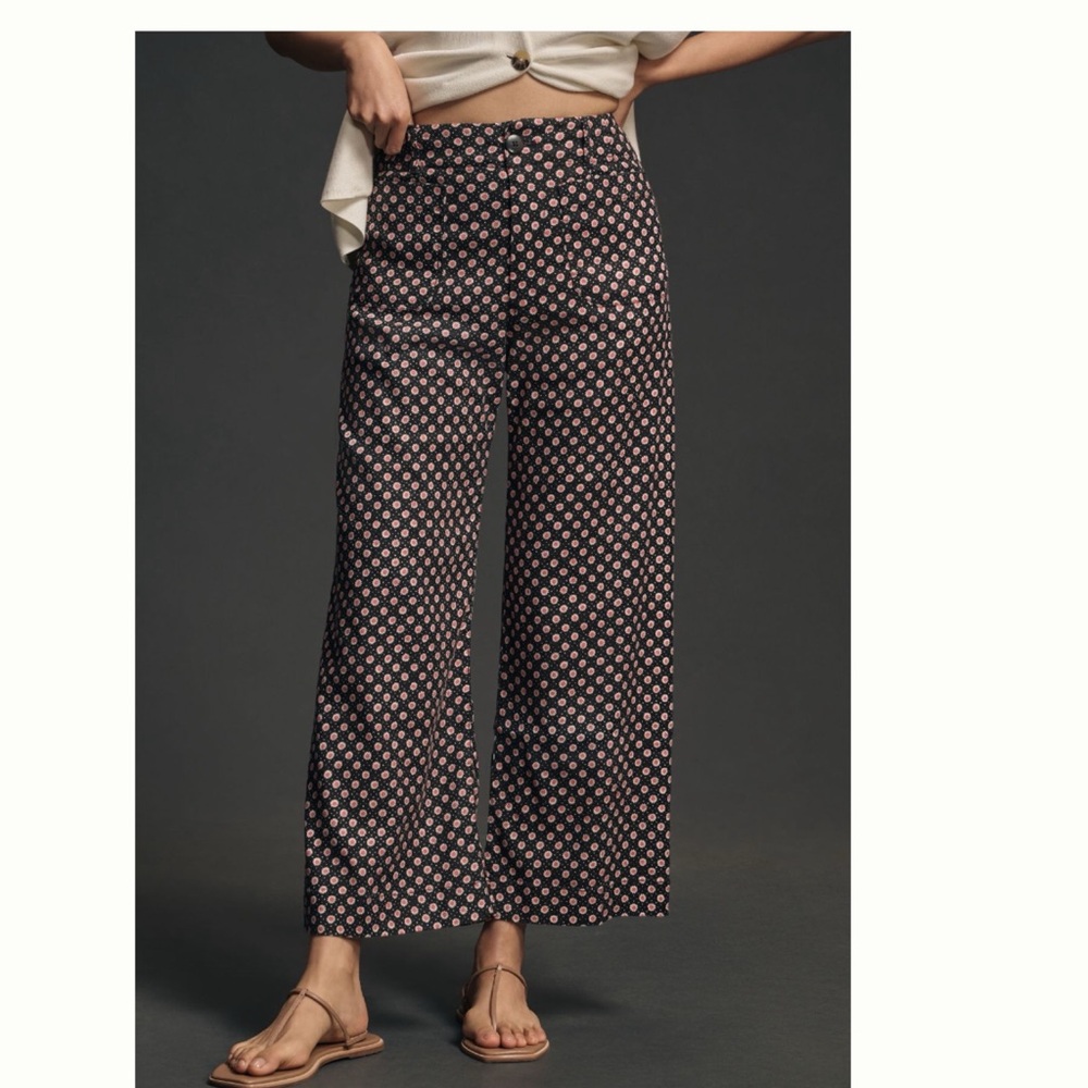 Anthropologie Black Wide-Leg Pants with Pink Dot Print
